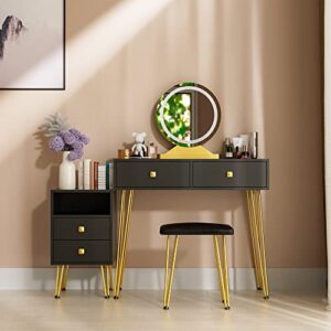 Cozy Castle Black Vanity Desk with Lighted Mirror, Makeup Vanity Table Set with Drawers and Adjustable Cabinet, Dressing Table with Vanity Cushioned Chair for Makeup Room, Bedroom