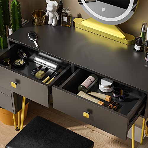 Cozy Castle Black Vanity Desk with Lighted Mirror, Makeup Vanity Table Set with Drawers and Adjustable Cabinet, Dressing Table with Vanity Cushioned Chair for Makeup Room, Bedroom