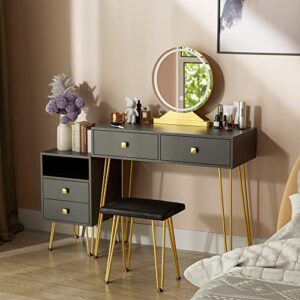 Cozy Castle Black Vanity Desk with Lighted Mirror, Makeup Vanity Table Set with Drawers and Adjustable Cabinet, Dressing Table with Vanity Cushioned Chair for Makeup Room, Bedroom