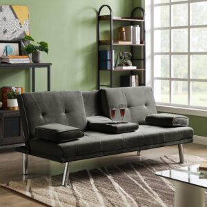 mwrouqfur 66" modern linen fabric sofa bed futon,convertible folding sleeper couch bed with cup holders w/removable armrest,loveseat recliner sofa for living room apartment office (grey)