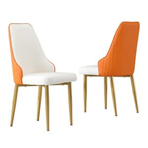 montary dining chairs set of 2, modern white back pleats faux leather chairs with gold metal legs and ergonomic backrest for living kitchen dining room chairs (orange chairs)