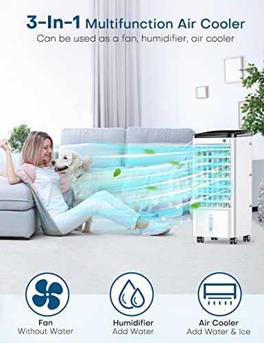 Evaporative Air Cooler, TEMEIKE 3-IN-1 Portable Air Conditioners for 1 Room, Windowless Swamp Cooler w/ 3 Modes & 3 Speeds, 70° Oscillation, Remote, Timer, Evaporative Cooler for Room Indoor Office