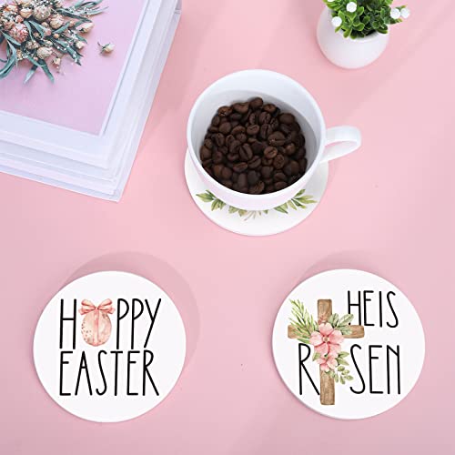 Whaline 6Pcs Easter Ceramic Coaster Set Easter Bunny Egg Flowers Drink Coasters with Black Coaster Holder Watercolor Absorbent Coasters for Easter Spring Home Decor Table Protection Housewarming Gift