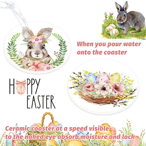 Whaline 6Pcs Easter Ceramic Coaster Set Easter Bunny Egg Flowers Drink Coasters with Black Coaster Holder Watercolor Absorbent Coasters for Easter Spring Home Decor Table Protection Housewarming Gift