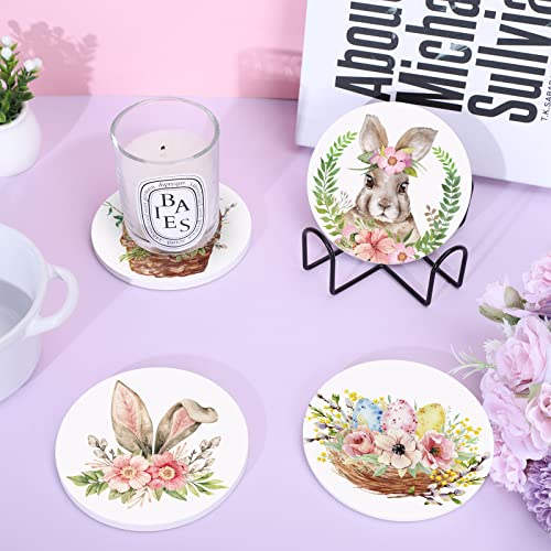 Whaline 6Pcs Easter Ceramic Coaster Set Easter Bunny Egg Flowers Drink Coasters with Black Coaster Holder Watercolor Absorbent Coasters for Easter Spring Home Decor Table Protection Housewarming Gift