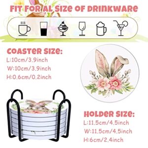 Whaline 6Pcs Easter Ceramic Coaster Set Easter Bunny Egg Flowers Drink Coasters with Black Coaster Holder Watercolor Absorbent Coasters for Easter Spring Home Decor Table Protection Housewarming Gift