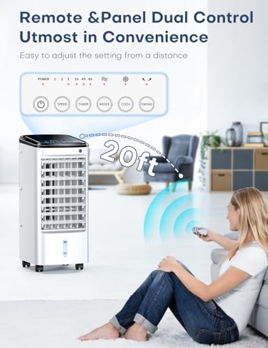 3-IN-1 TEMEIKE Swamp Cooler Air Conditioner, Evaporative Air Cooler w/ 4 Modes & 3 Speeds, 12H Timer & Remote & Dual Water Tank, 65° Oscillating Air Conditioner Portable for Room Bedroom Home Indoor