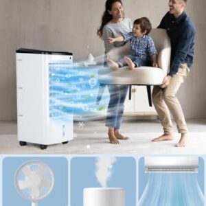 3-IN-1 TEMEIKE Swamp Cooler Air Conditioner, Evaporative Air Cooler w/ 4 Modes & 3 Speeds, 12H Timer & Remote & Dual Water Tank, 65° Oscillating Air Conditioner Portable for Room Bedroom Home Indoor