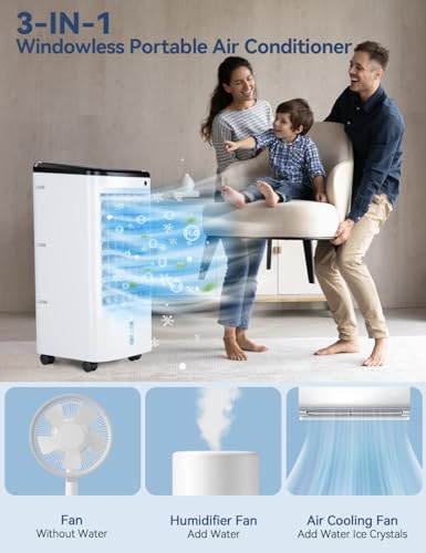 3-IN-1 TEMEIKE Swamp Cooler Air Conditioner, Evaporative Air Cooler w/ 4 Modes & 3 Speeds, 12H Timer & Remote & Dual Water Tank, 65° Oscillating Air Conditioner Portable for Room Bedroom Home Indoor