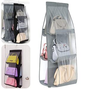 dosurgorn double-sided six-layer hanging storage bag, 6 pockets hanging closet storage bag, high capacity transparent collapsible non-woven hanging handbag storage hanging bag, 90cm*35cm*32cm (gray)
