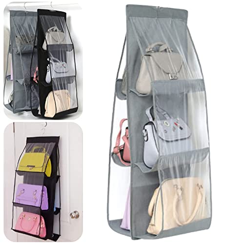 Dosurgorn Double-Sided Six-Layer Hanging Storage Bag, 6 Pockets Hanging Closet Storage Bag, High Capacity Transparent Collapsible Non-Woven Hanging Handbag Storage Hanging Bag, 90CM*35CM*32CM (Gray)