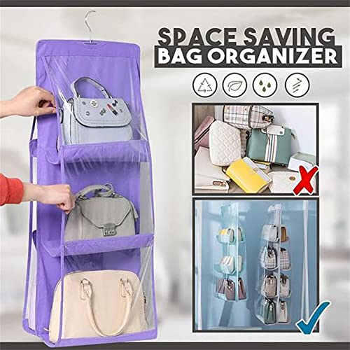 Dosurgorn Double-Sided Six-Layer Hanging Storage Bag, 6 Pockets Hanging Closet Storage Bag, High Capacity Transparent Collapsible Non-Woven Hanging Handbag Storage Hanging Bag, 90CM*35CM*32CM (Gray)