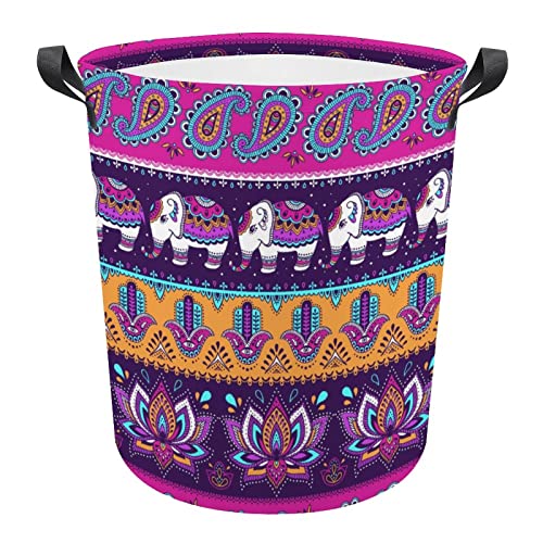 Paisley Hamsa and Indian Elephant Large Laundry Basket Hamper Bag Washing with Handles for College Dorm Portable