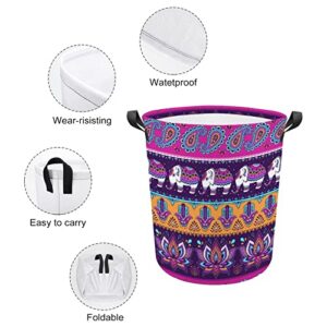 Paisley Hamsa and Indian Elephant Large Laundry Basket Hamper Bag Washing with Handles for College Dorm Portable