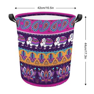 Paisley Hamsa and Indian Elephant Large Laundry Basket Hamper Bag Washing with Handles for College Dorm Portable