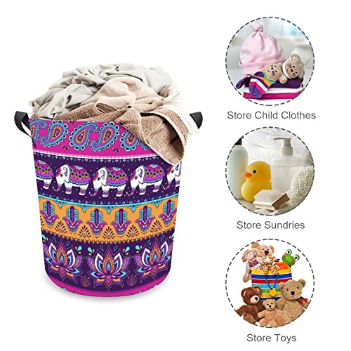 Paisley Hamsa and Indian Elephant Large Laundry Basket Hamper Bag Washing with Handles for College Dorm Portable