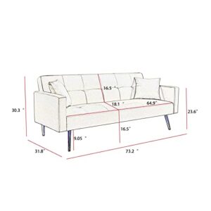 73" Velvet Convertible Futon Sofa Bed with 2 Pillows, Modern Couch Loveseat Sofa with 3 Adjustable Backrest Angles, Folding Accent Sofa Sleeper Recliner for Apartment Living Room Bedroom (Cream White)