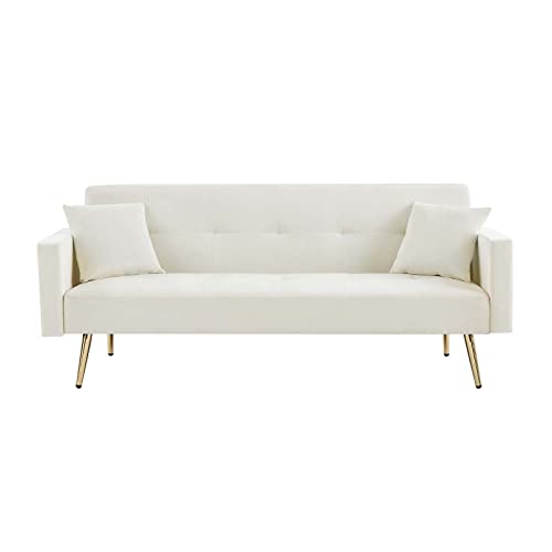 73" Velvet Convertible Futon Sofa Bed with 2 Pillows, Modern Couch Loveseat Sofa with 3 Adjustable Backrest Angles, Folding Accent Sofa Sleeper Recliner for Apartment Living Room Bedroom (Cream White)