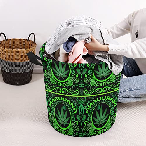 Green Leaf Weed Large Laundry Basket Hamper Bag Washing with Handles for College Dorm Portable