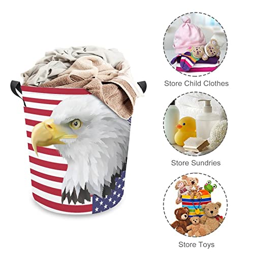 American Flag Bald Eagle Large Laundry Basket Hamper Bag Washing with Handles for College Dorm Portable