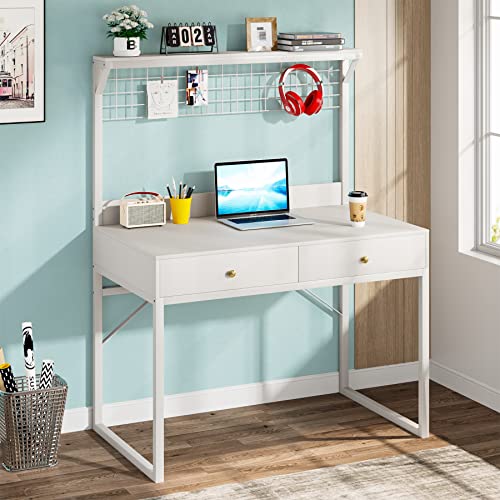 Tribesigns Computer Desk with Hutch,43 Inch Office Desk with Drawers,White Writing Desk Table with Art Display Grid Shelf,Desk for Home Office