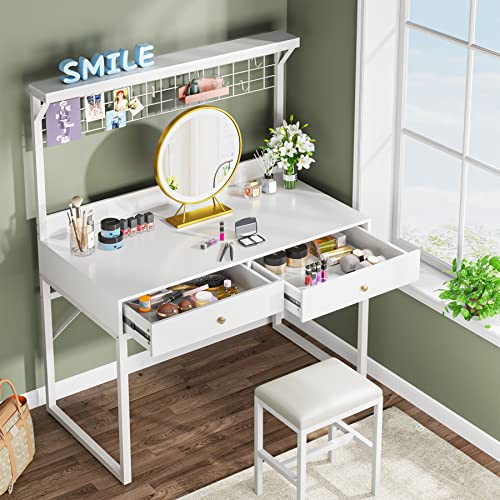 Tribesigns Computer Desk with Hutch,43 Inch Office Desk with Drawers,White Writing Desk Table with Art Display Grid Shelf,Desk for Home Office