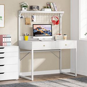 Tribesigns Computer Desk with Hutch,43 Inch Office Desk with Drawers,White Writing Desk Table with Art Display Grid Shelf,Desk for Home Office