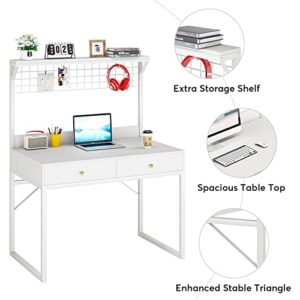 Tribesigns Computer Desk with Hutch,43 Inch Office Desk with Drawers,White Writing Desk Table with Art Display Grid Shelf,Desk for Home Office