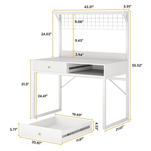 Tribesigns Computer Desk with Hutch,43 Inch Office Desk with Drawers,White Writing Desk Table with Art Display Grid Shelf,Desk for Home Office