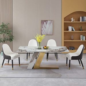 montary 71” modern rectangle dining table for 6-8 seat, marble dining table with sintered stone pandora tabletop and l-shape stainless steel & stone slate base (only table)