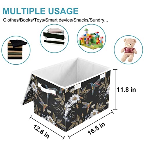 CaTaKu Bird Chamomile Storage Bins with Lids and Handles, Fabric Large Storage Container Cube Basket with Lid Decorative Storage Boxes for Organizing Clothes