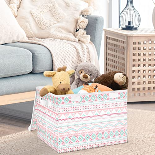 CaTaKu Ethnic Pink Blue Storage Bins with Lids and Handles, Fabric Large Storage Container Cube Basket with Lid Decorative Storage Boxes for Organizing Clothes