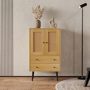 angel sar soft close accent cabinet, buffet sideboard cabinet with 2 drawers, rattan decorated door, adjustable shelves, dresser, storage cabinet for dining, living, bedroom, hallway