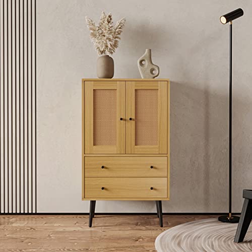 Angel Sar Soft Close Accent Cabinet, Buffet Sideboard Cabinet with 2 Drawers, Rattan Decorated Door, Adjustable Shelves, Dresser, Storage Cabinet for Dining, Living, Bedroom, Hallway