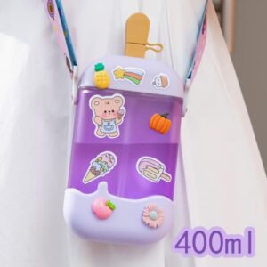 400ML/(13.5Oz) Cute Creative Ice Cream Popsicle Shape Water Bottle with Adjustable Shoulder Strap,4 Colors Available Leak Proof Drinking Bottles Suitable for Outdoor Like Travel,Sports (Purple)