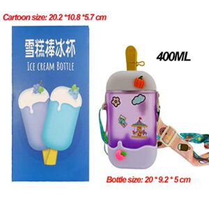 400ML/(13.5Oz) Cute Creative Ice Cream Popsicle Shape Water Bottle with Adjustable Shoulder Strap,4 Colors Available Leak Proof Drinking Bottles Suitable for Outdoor Like Travel,Sports (Purple)