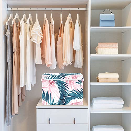 CaTaKu Tropical Storage Bins with Lids and Handles, Palm Leaves Fabric Large Storage Container Cube Basket with Lid Decorative Storage Boxes for Organizing Clothes