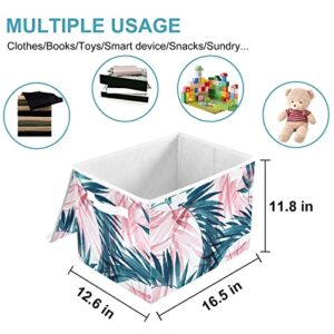 CaTaKu Tropical Storage Bins with Lids and Handles, Palm Leaves Fabric Large Storage Container Cube Basket with Lid Decorative Storage Boxes for Organizing Clothes