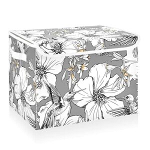 cataku hibiscus floral gray storage bins with lids and handles, fabric large storage container cube basket with lid decorative storage boxes for organizing clothes
