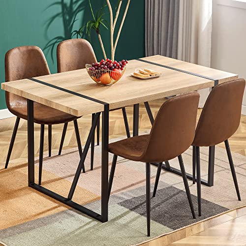 JUFU 5 Piece Kitchen Dining Table Set,Modern Rectangle Wood Dining Table,Fabric Dining Chairs 4,Ideal for Home,Kitchen Dining Room (Brown, Table+4 Chairs)