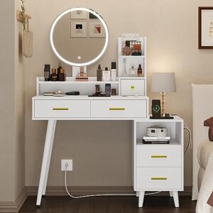 adorneve makeup vanity with lights in 3 colors, vanity table with charging station, white vanity desk with mirror and lights, makeup table with 5 drawers & nightstand for women girls, white