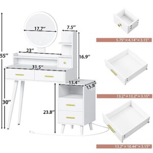 ADORNEVE Makeup Vanity with Lights in 3 Colors, Vanity Table with Charging Station, White Vanity Desk with Mirror and Lights, Makeup Table with 5 Drawers & Nightstand for Women Girls, White