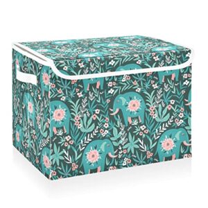 cataku floral elephants green storage bins with lids and handles, fabric large storage container cube basket with lid decorative storage boxes for organizing clothes