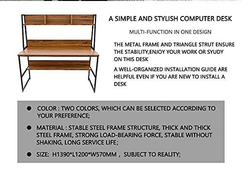 MJWDP Computer Desk PC Laptop Study Table Workstation with Hutch Bookshelf 47 Inch Home Office Space Saving Design Black/Dark Walnut (Color : D)