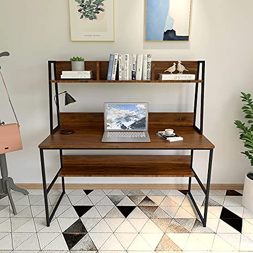 MJWDP Computer Desk PC Laptop Study Table Workstation with Hutch Bookshelf 47 Inch Home Office Space Saving Design Black/Dark Walnut (Color : D)