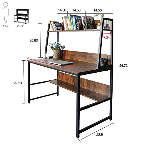 MJWDP Computer Desk PC Laptop Study Table Workstation with Hutch Bookshelf 47 Inch Home Office Space Saving Design Black/Dark Walnut (Color : D)