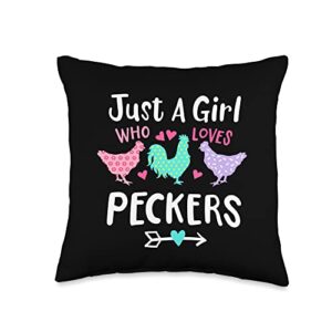 funny animal chicken lover farmer gifts store girl who likes peckers loves chickens funny saying throw pillow, 16x16, multicolor