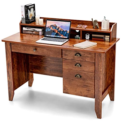 MJWDP Computer Desk PC Laptop Writing Desk Workstation Antique Brown Desk with Drawers and Shelves