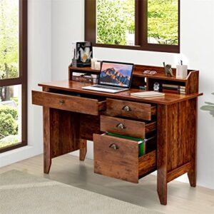 MJWDP Computer Desk PC Laptop Writing Desk Workstation Antique Brown Desk with Drawers and Shelves