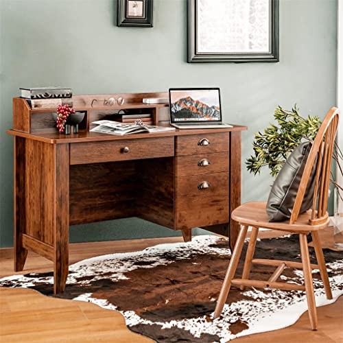 MJWDP Computer Desk PC Laptop Writing Desk Workstation Antique Brown Desk with Drawers and Shelves